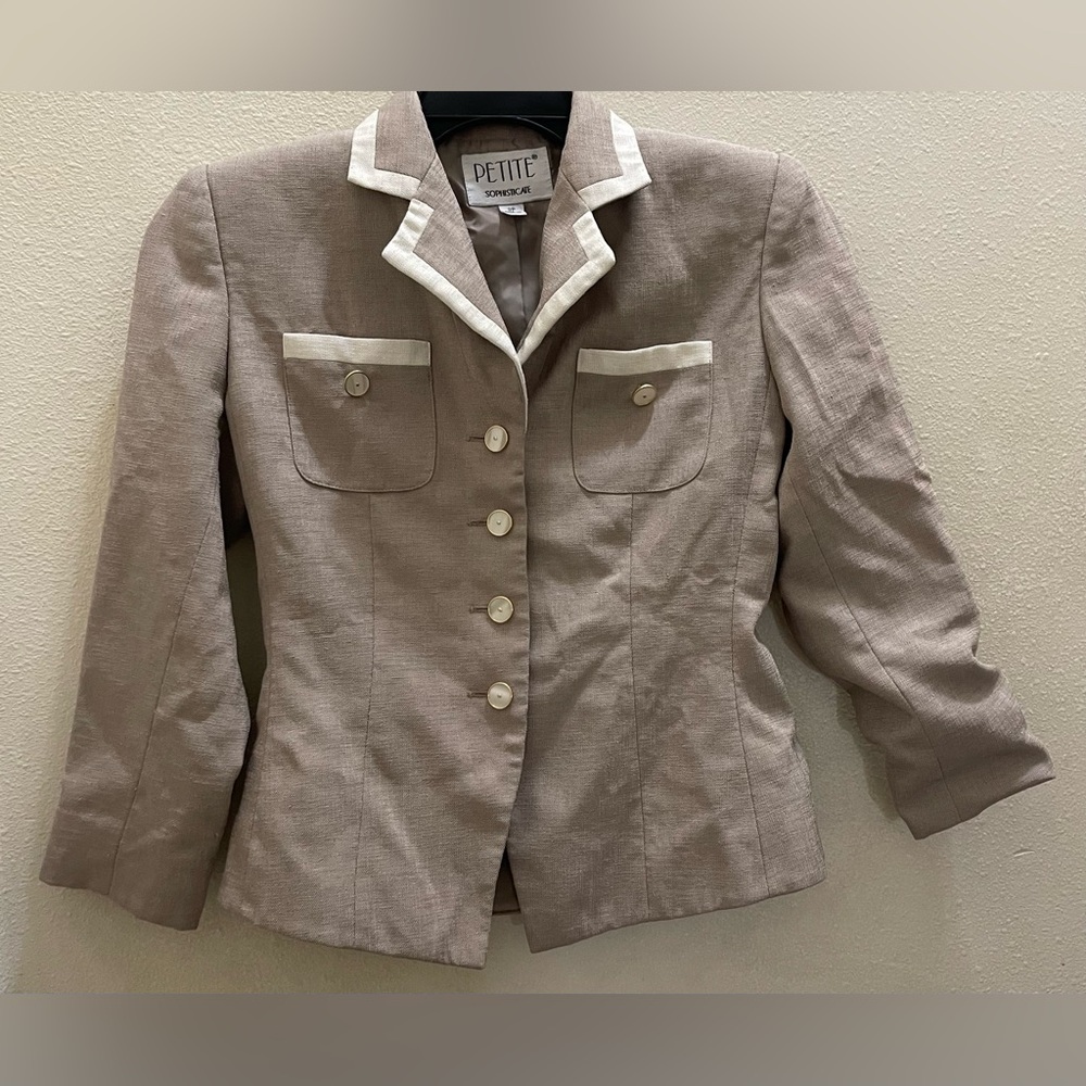 Petite Sophisticate Beige Blazer with White Trim